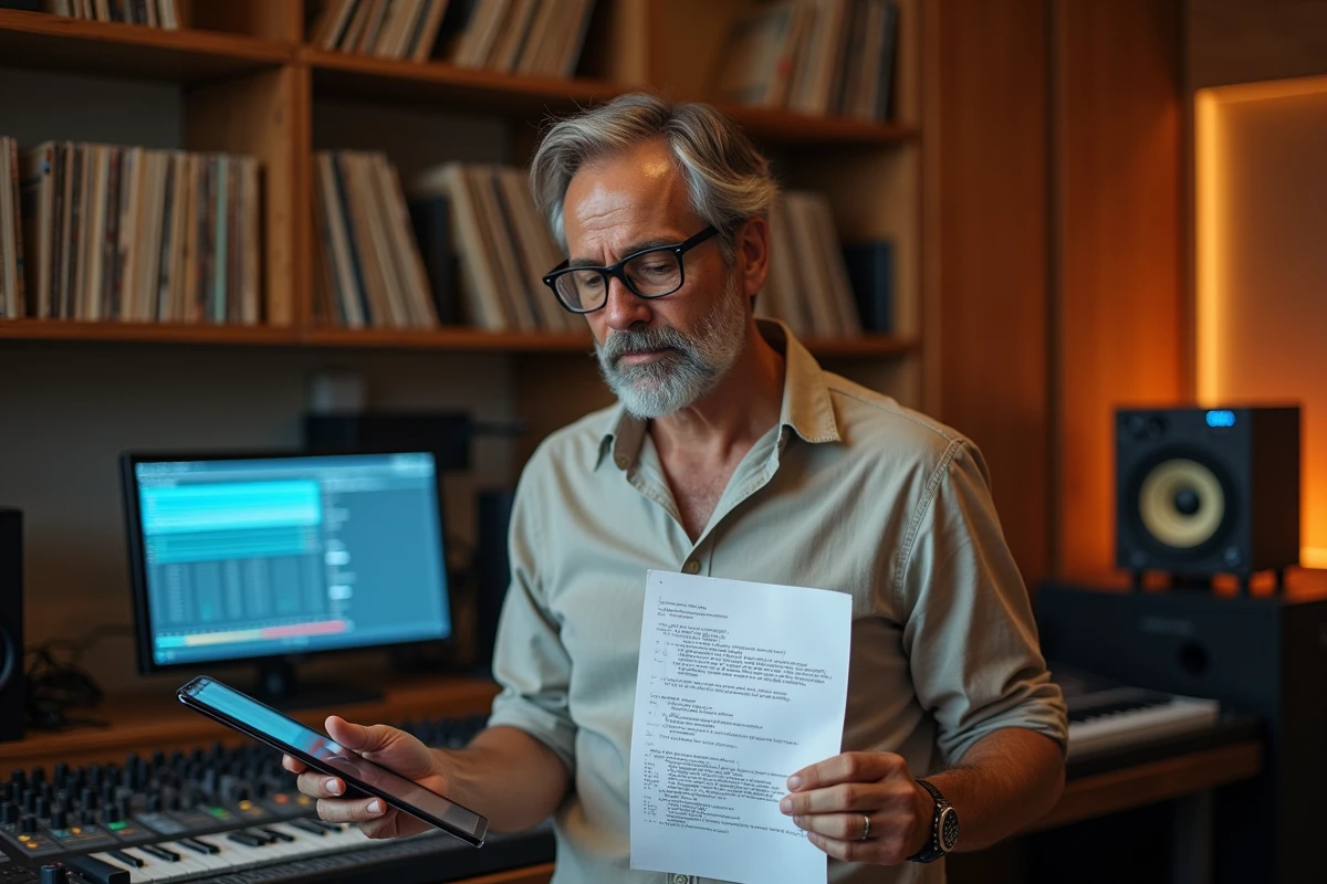 Producteur de musique en studio comparant traductions de paroles générées par intelligence artificielle