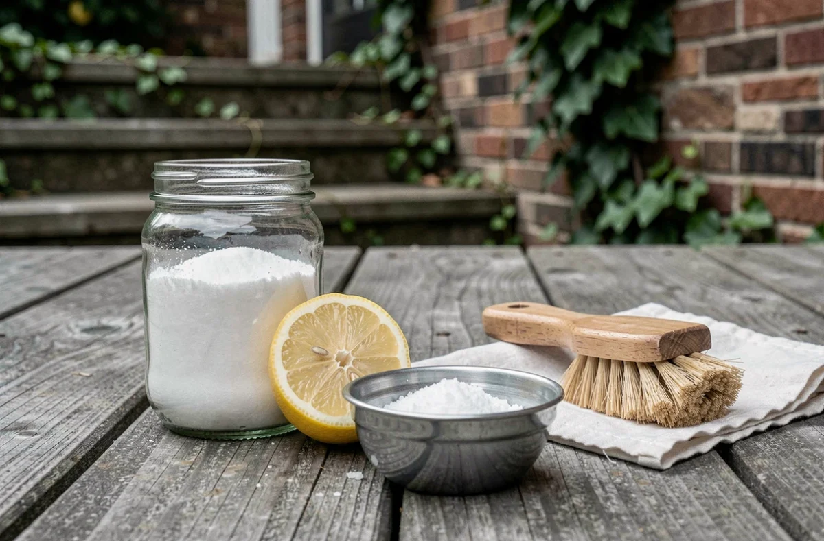Produits naturels pour entretenir une terrasse en bois : bicarbonate de soude, citron et brosse naturelle, alternatives écologiques aux produits chimiques