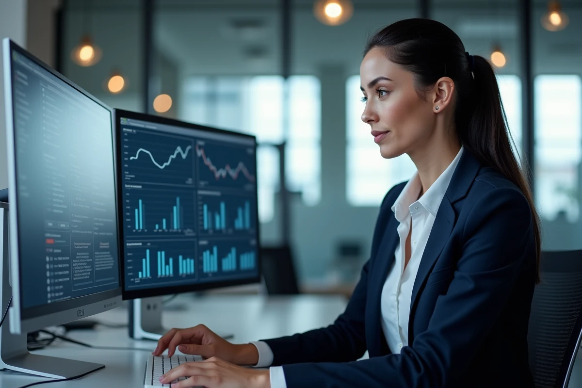 Professionnelle utilisant un logiciel SAP ERP sur double écran dans un bureau en open space moderne
