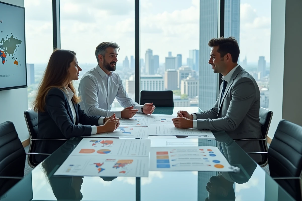 Équipe de professionnels discutant d'une analyse comparative des meilleurs systèmes fiscaux mondiaux en salle de réunion