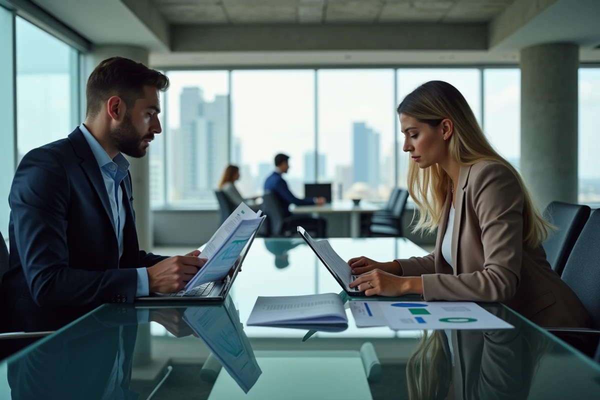 Deux jeunes professionnels en finance discutant d'une stratégie d'investissement dans les bureaux d'une société de gestion d'actifs