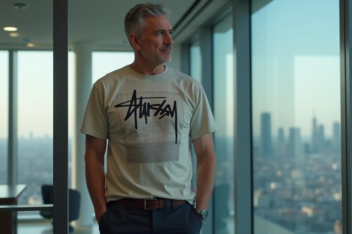 Portrait du propriétaire actuel de Stussy dans un bureau moderne avec vue sur la ville, portant un t-shirt vintage de la marque