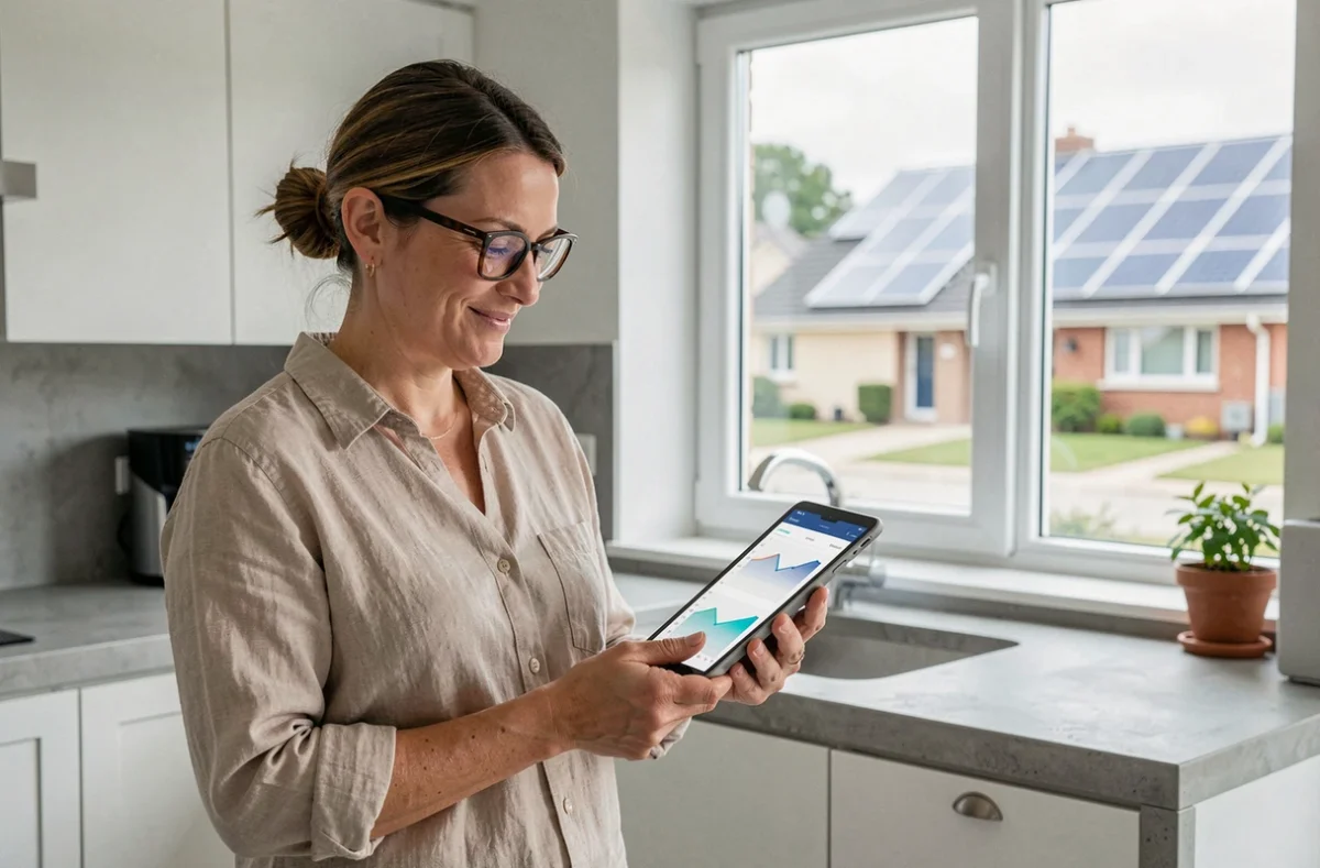 Femme consultant les données de production solaire sur une tablette dans sa cuisine moderne