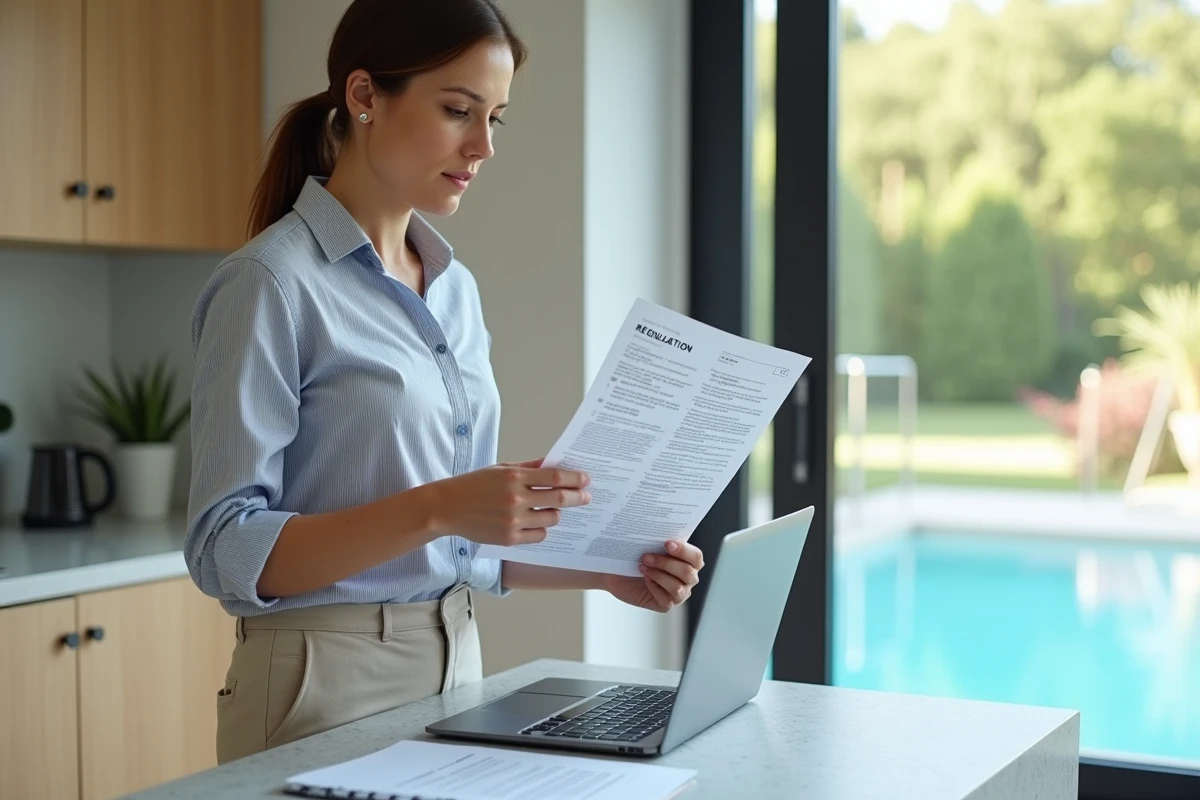 Propriétaire consultant la réglementation en vigueur sur les piscines privées à son domicile