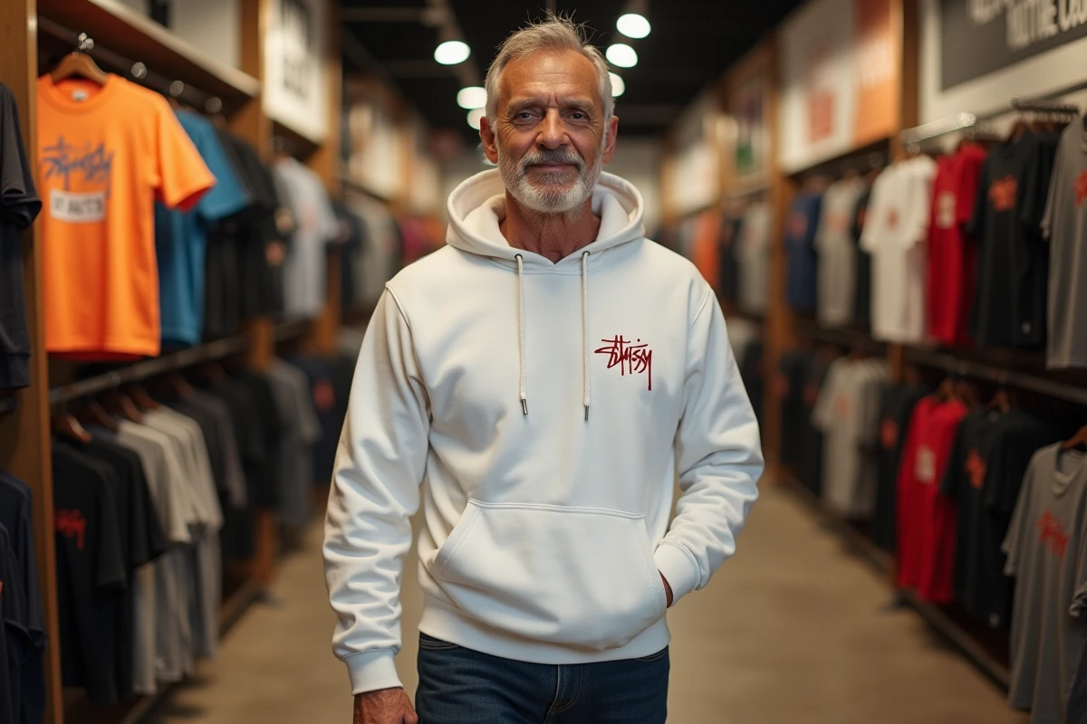 Homme portant un hoodie Stussy se promenant dans une boutique streetwear de Los Angeles remplie de collections de la marque