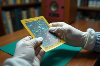 Mains gantées de blanc plaçant délicatement une carte Pokémon holographique rare dans une pochette de protection rigide sur un bureau en bois sombre