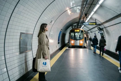 Femme sur le quai de la ligne 4 du métro parisien attendant la rame direction Montrouge