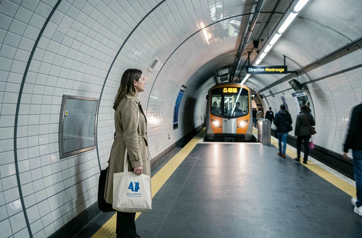 Femme sur le quai de la ligne 4 du métro parisien attendant la rame direction Montrouge