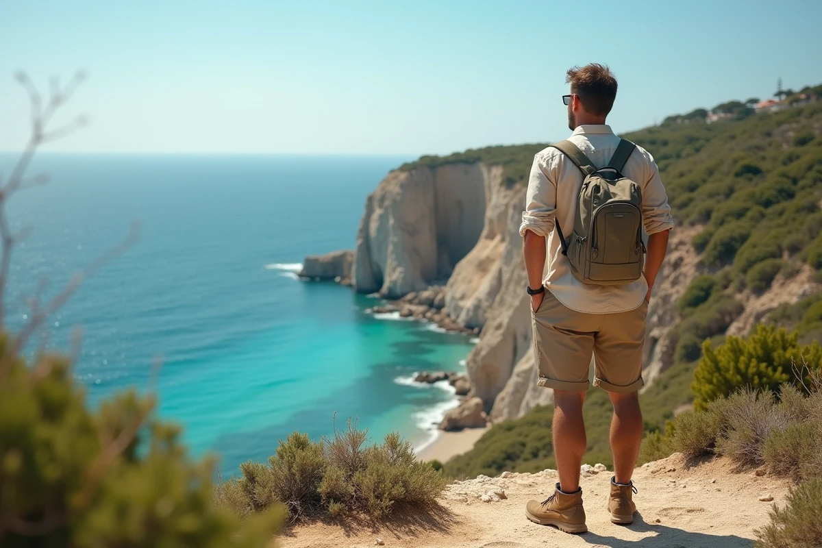 Randonneur contemplant la mer depuis le fort de Port Man sur l'île de Port-Cros