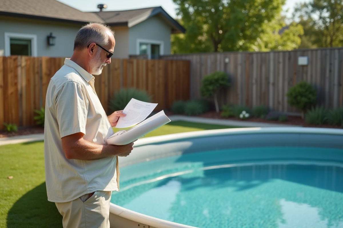 Propriétaire consultant la réglementation sur les piscines hors sol dans son jardin résidentiel