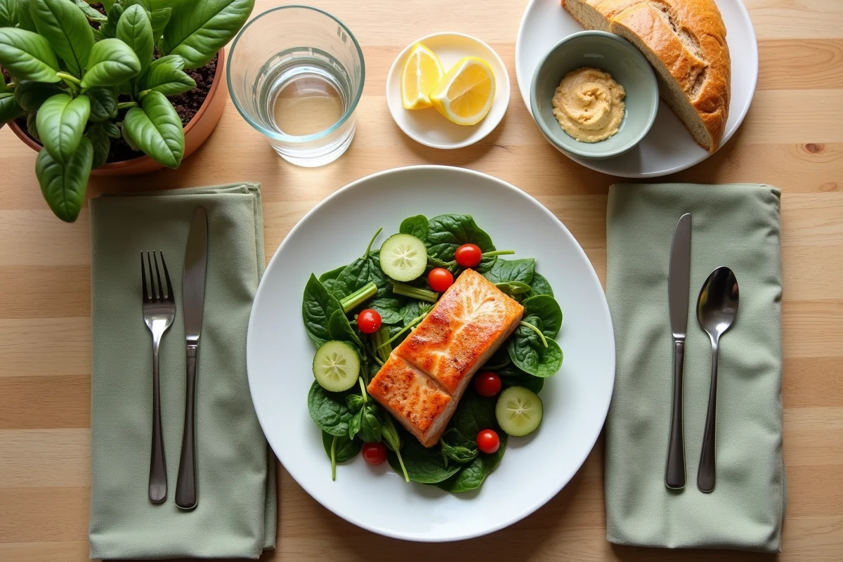 Vue de dessus d'un repas méditerranéen équilibré avec saumon, légumes et pain complet sur une table en bois clair