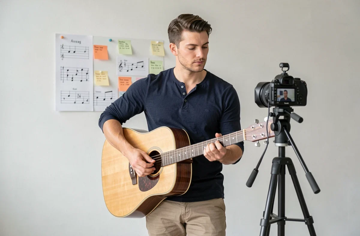 Guitariste préparant une reprise YouTube de Je Te Promets dans un studio minimaliste avec caméra et microphone