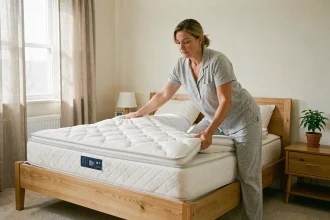 Femme retournant un matelas dans une chambre soignée pour prolonger sa durée de vie