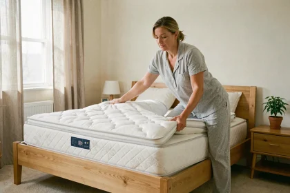 Femme retournant un matelas dans une chambre soignée pour prolonger sa durée de vie