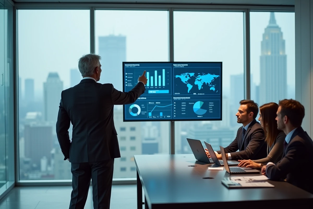 Réunion d'entreprise avec présentation d'un tableau de bord SAP Analytics en salle de conférence