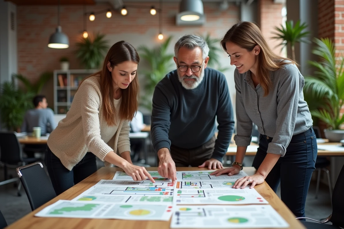 Groupe de professionnels discutant de stratégies de mobilité autour d'une table dans un espace de coworking