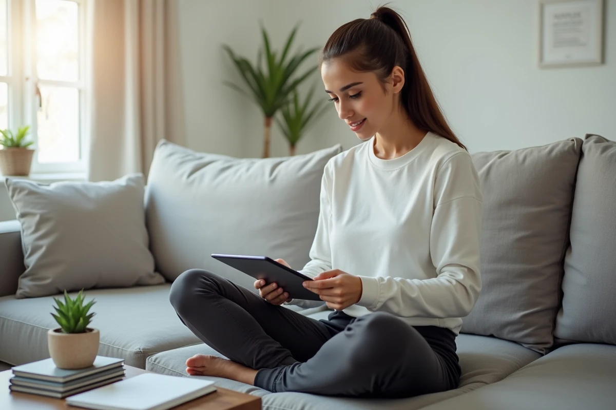 Jeune professionnelle révisant pour une certification sur tablette depuis son salon de façon équilibrée