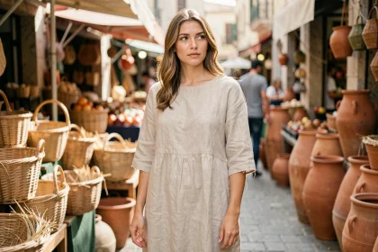 Femme portant une robe en lin naturel beige dans un marché estival provençal