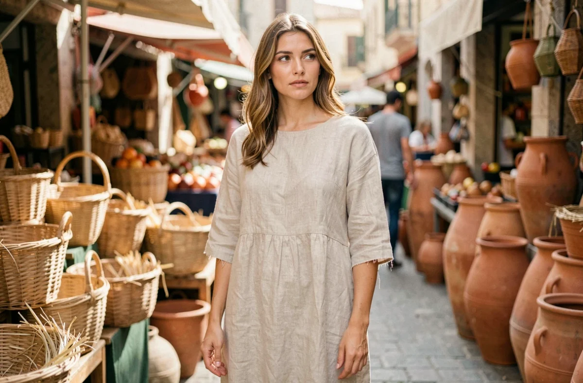 Femme portant une robe en lin naturel beige dans un marché estival provençal