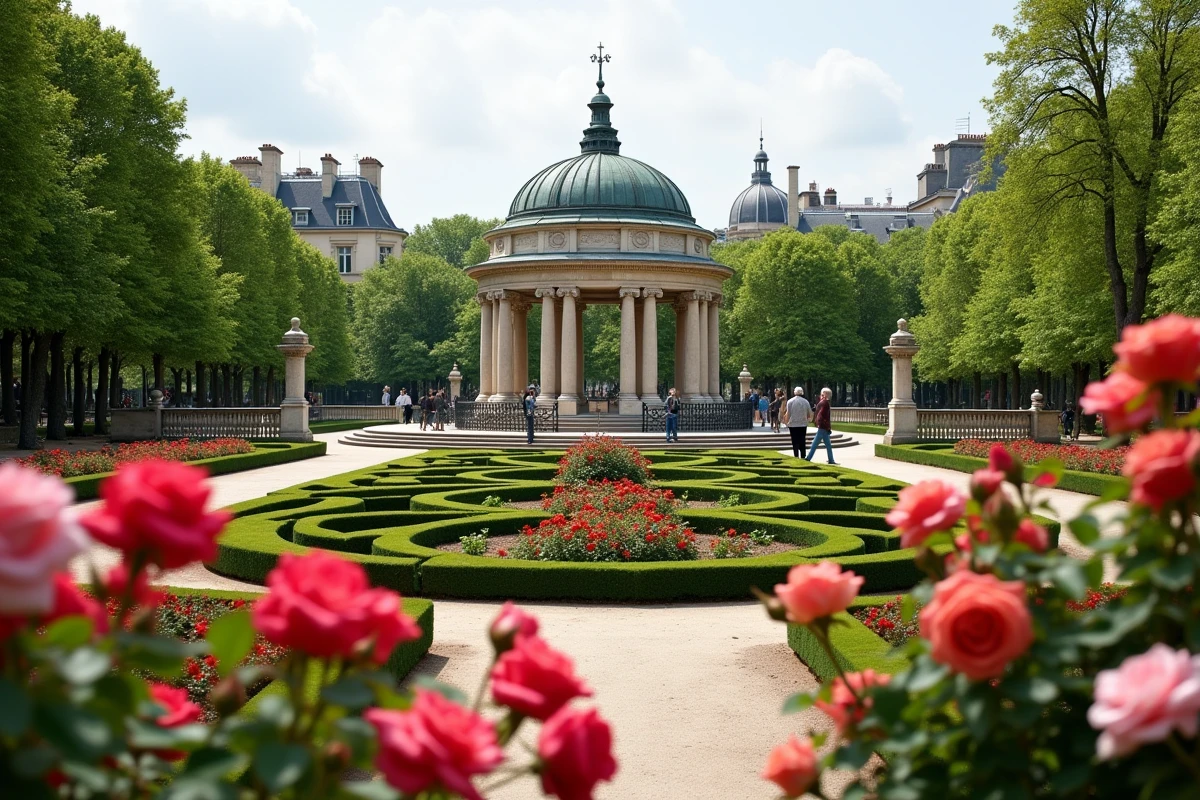 Roseraie et kiosque à musique dans un parc historique de Paris au printemps
