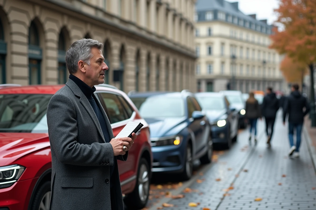 Rangée de véhicules Volkswagen garés dans une rue européenne avec un journaliste au premier plan
