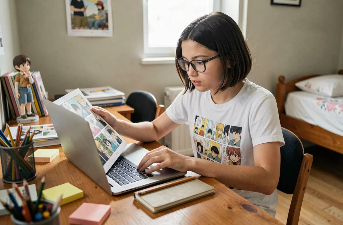 Adolescente suivant les sorties de scans One Piece sur ordinateur portable dans sa chambre