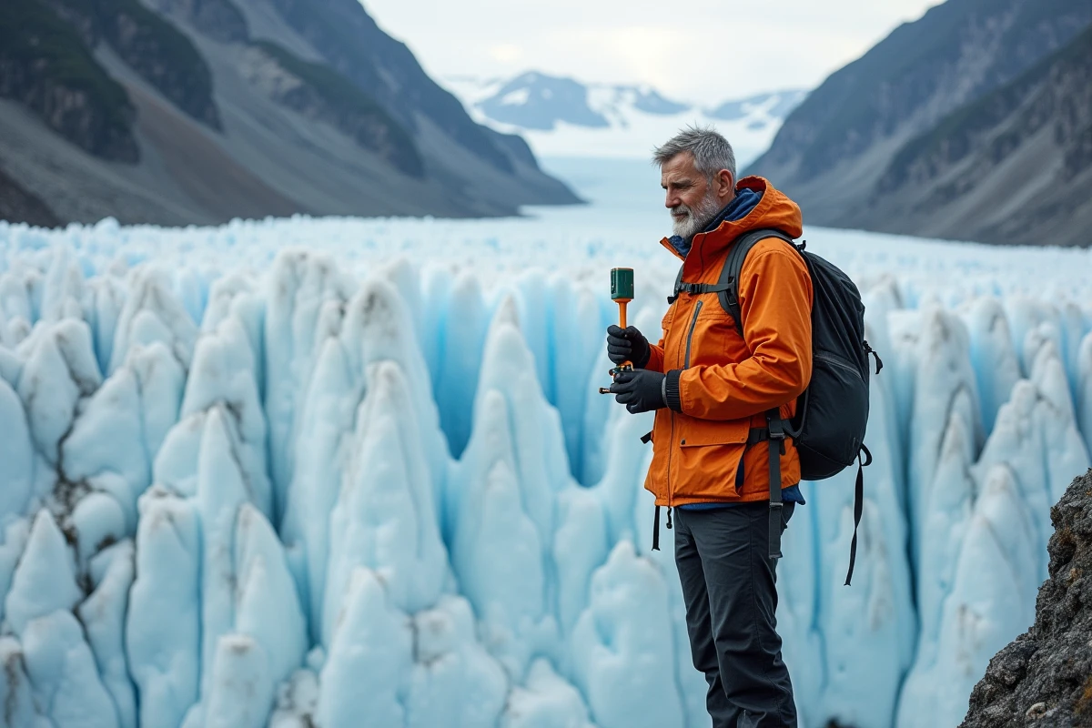 Scientifique environnemental mesurant le recul d'un glacier alpin, témoignant des effets du réchauffement climatique sur les calottes glaciaires