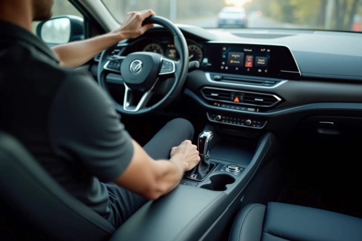 Homme utilisant le sélecteur de vitesses automatique d'une voiture, passage de la position P à D sur la console centrale moderne