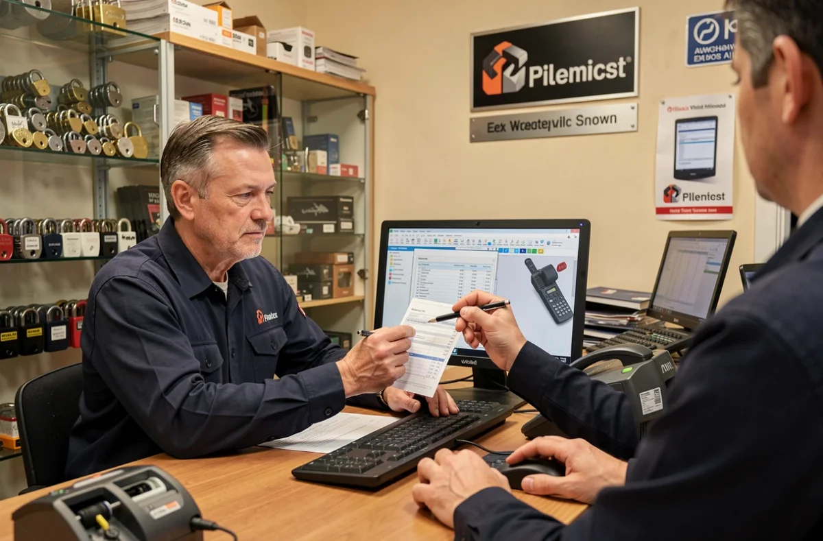 Serrurier en boutique expliquant un devis à un client devant un ordinateur