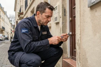 Serrurier professionnel examinant une serrure cylindrique devant une porte d'immeuble à Aubervilliers