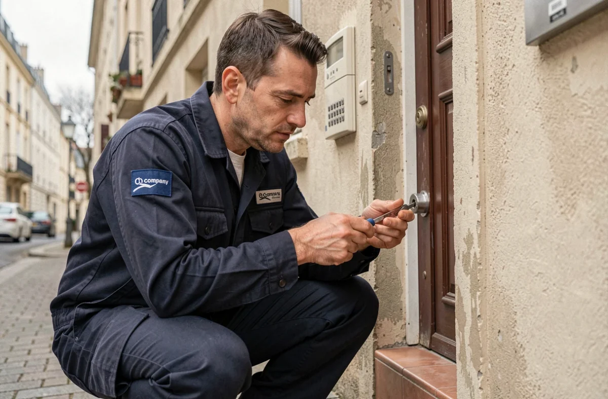Serrurier professionnel examinant une serrure cylindrique devant une porte d'immeuble à Aubervilliers