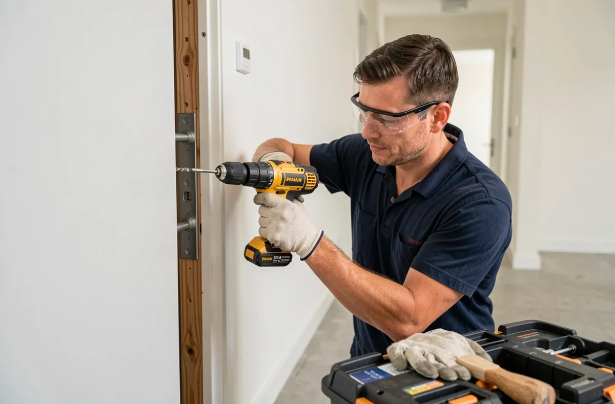 Serrurier installant un système de fermeture multipoints sur une porte d'appartement moderne