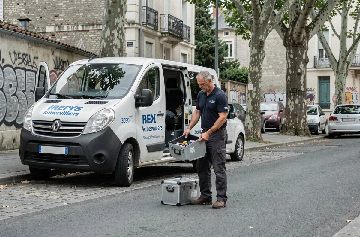 Serrurier déchargeant son matériel d'un véhicule utilitaire dans une rue d'Aubervilliers