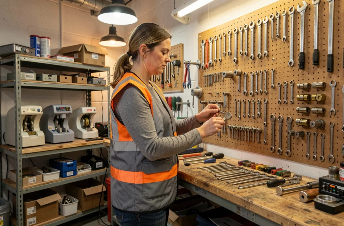 Serrurieure féminine organisant ses outils dans un atelier de serrurerie professionnel