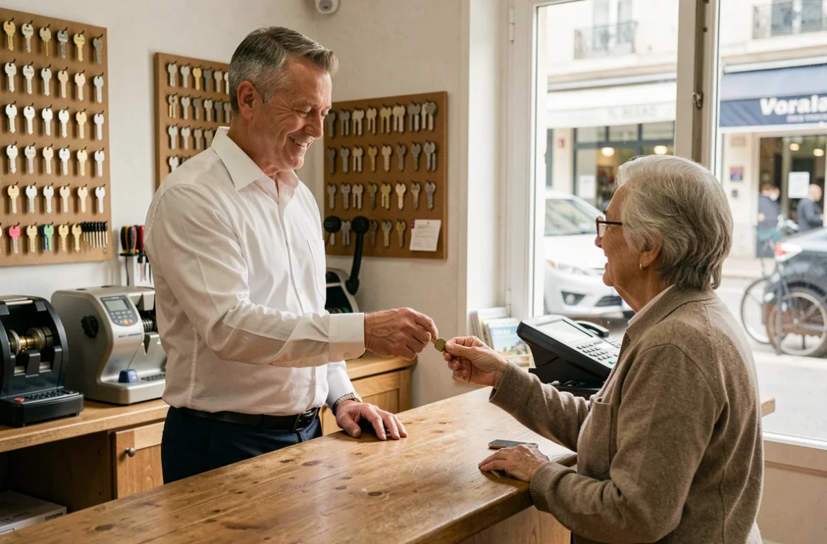 Serrurier Service Minute Galtié remettant une clé fraîchement taillée à une cliente dans sa boutique toulousaine