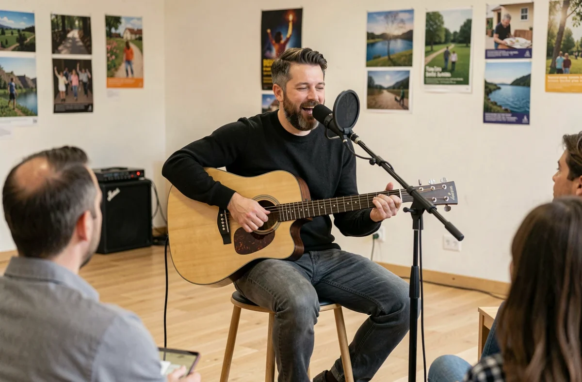 Musicien jouant de la guitare acoustique lors d'un showcase culturel à Pontoise dans le 95, scène locale du Val-d'Oise