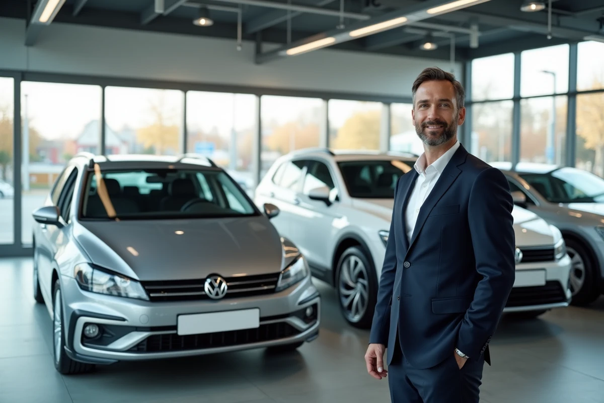 Showroom Volkswagen avec plusieurs modèles exposés et un vendeur en costume devant une Golf argentée