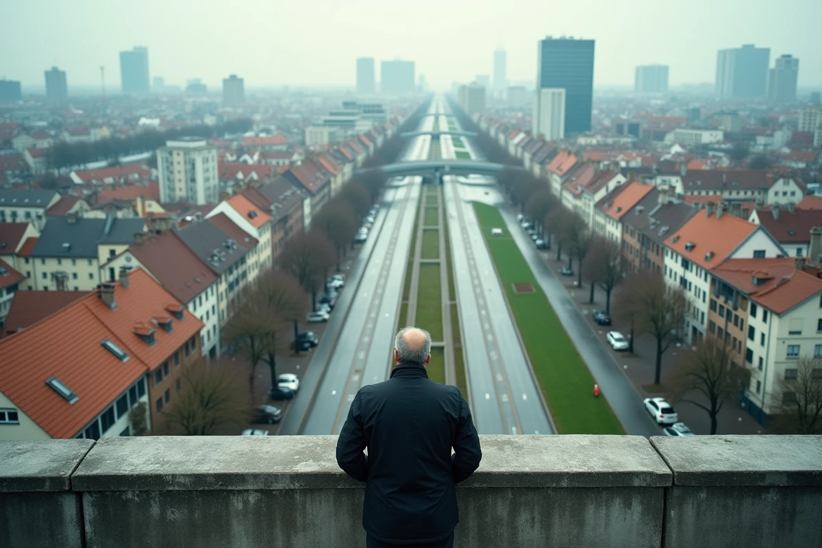 Vue panoramique depuis un toit sur la densité urbaine d'une métropole moderne avec immeubles de bureaux et voies de circulation