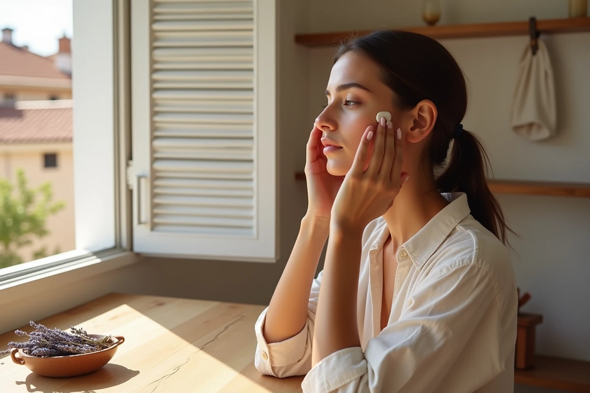 Femme prenant soin de sa peau avec un soin hydratant dans un intérieur provençal à Aubagne