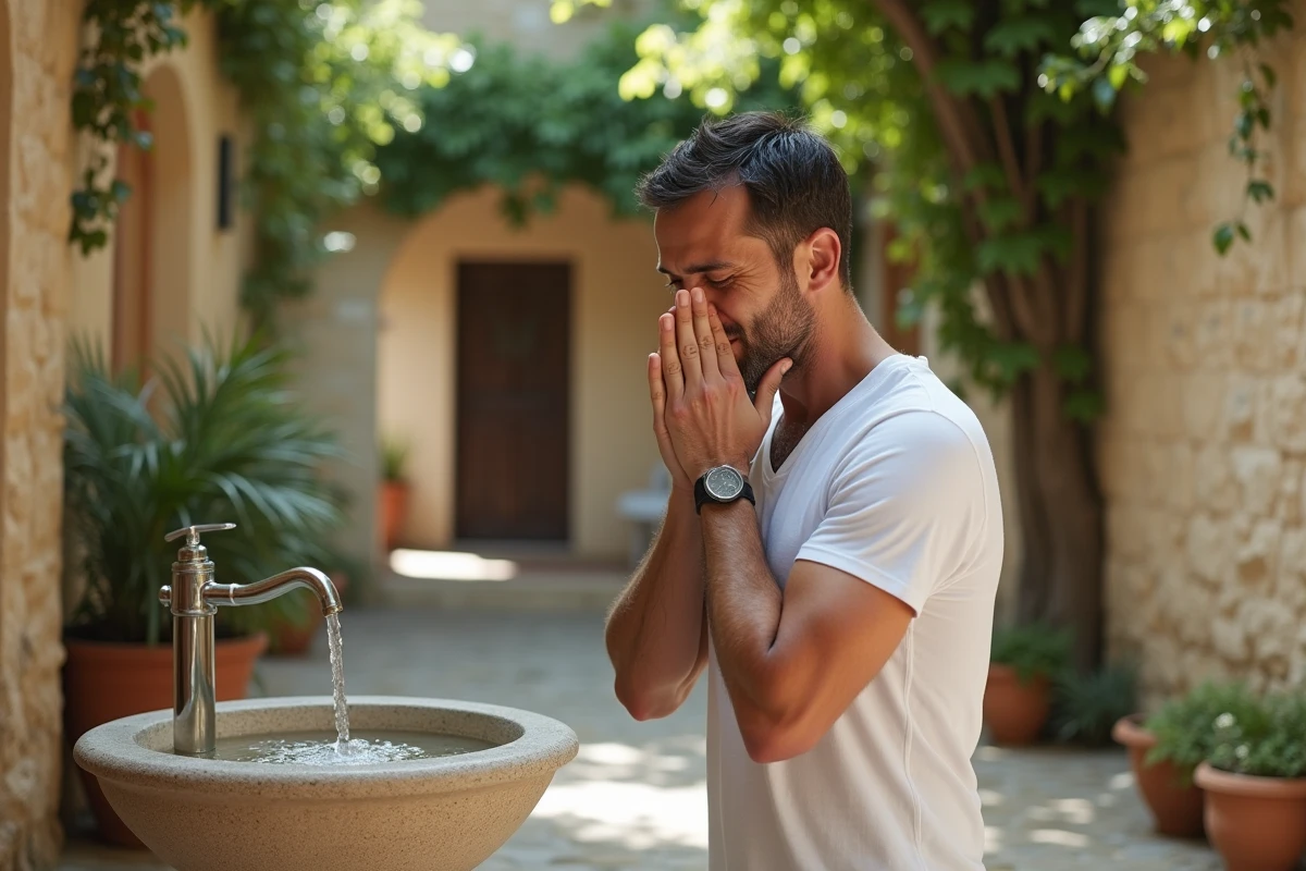 Homme se rinçant le visage à une fontaine en pierre dans une cour intérieure d'Aubagne