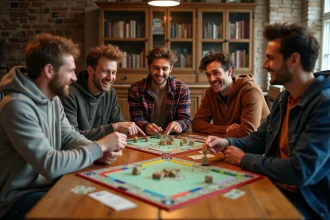 Groupe d'amis adultes jouant au Monopoly autour d'une table en bois dans un salon chaleureux et convivial