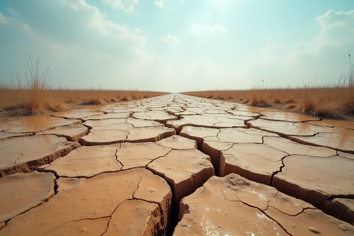 Sol aride fissuré dans une ancienne zone humide, illustrant les effets de la sécheresse liée au changement climatique