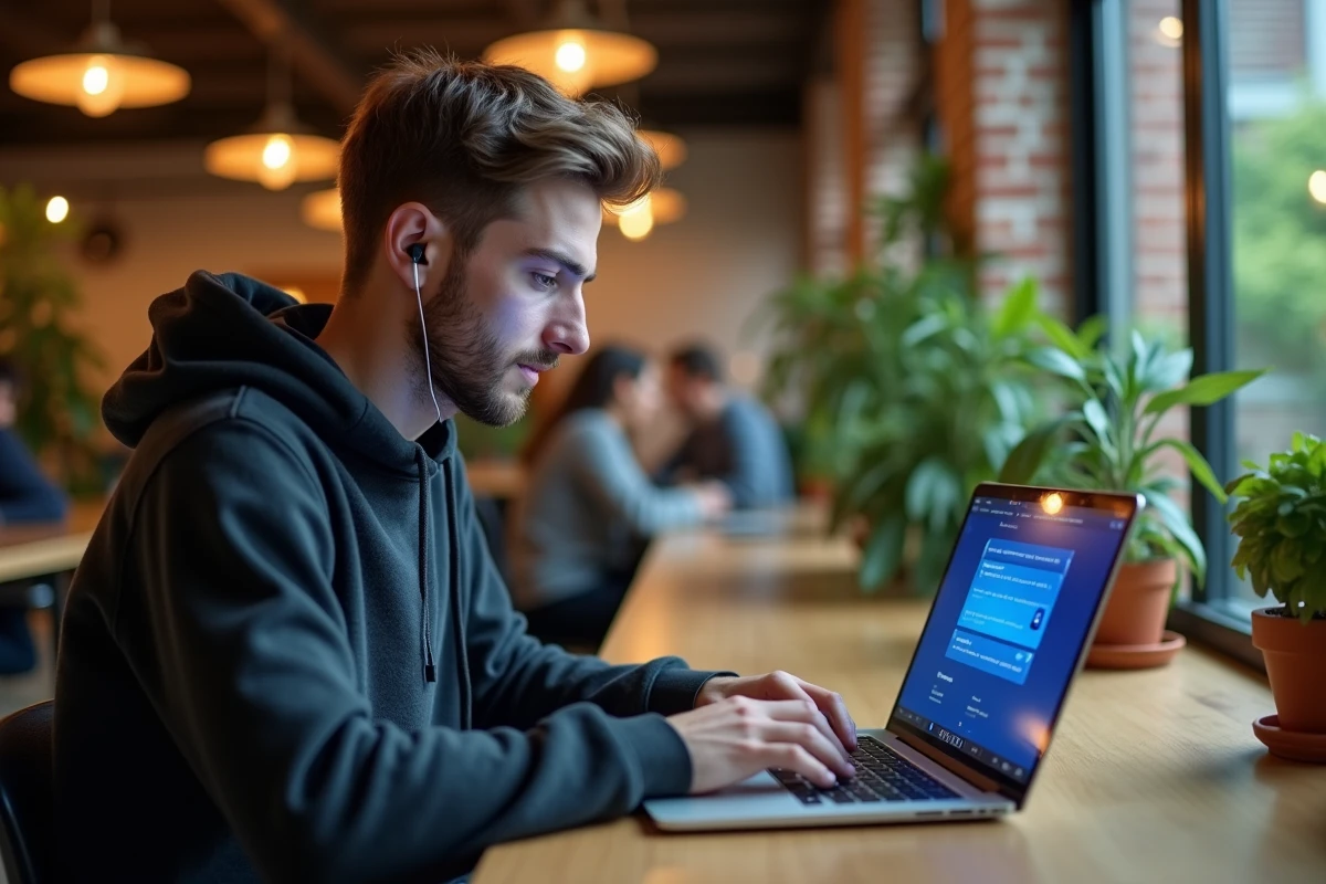Jeune stratège digital utilisant un outil d'intelligence artificielle pour automatiser la création de contenu marketing