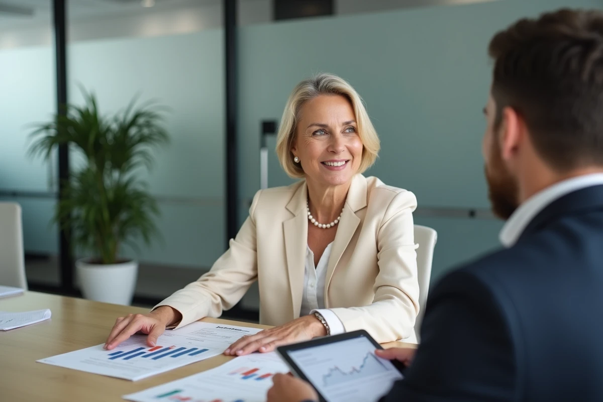 Femme fortunée en réunion avec un conseiller en gestion de patrimoine discutant de stratégies de placement financier