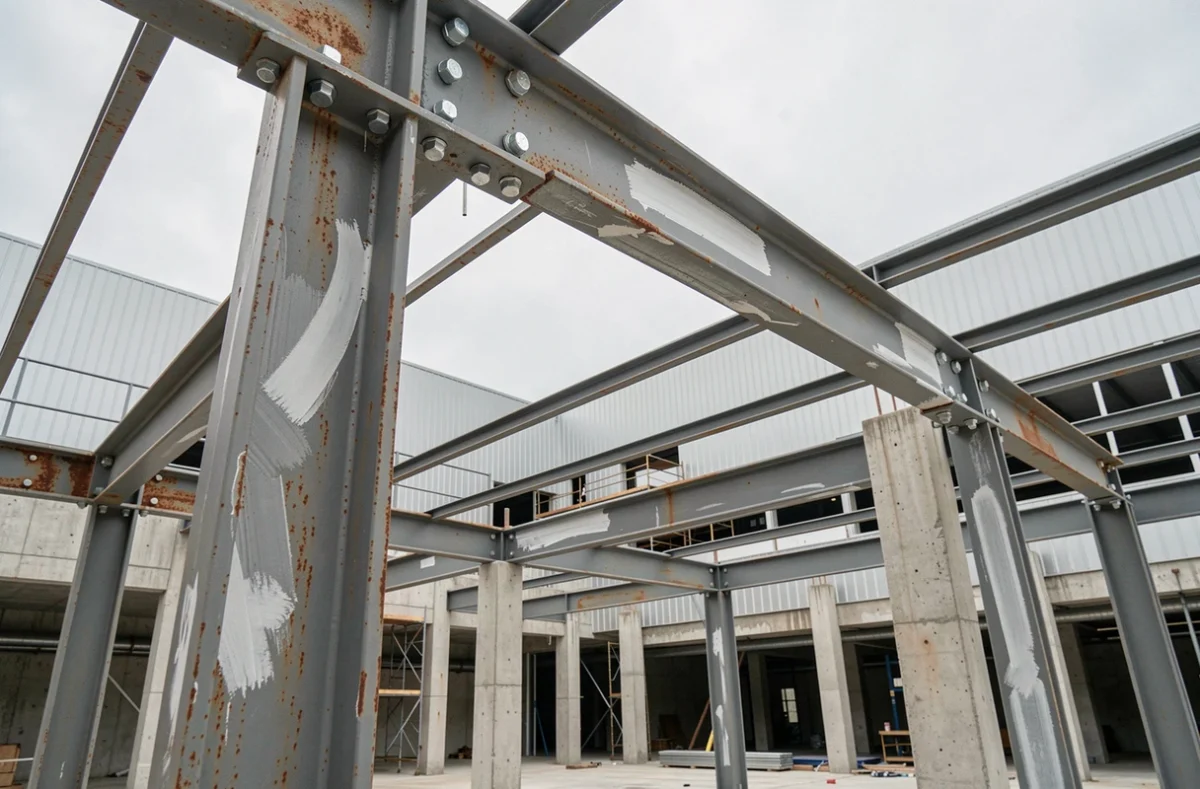 Structure métallique en acier cornière boulonnée sur un chantier de construction commerciale avec piliers en béton