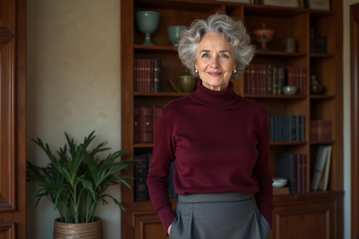Femme de 70 ans vêtue d'un col roulé en cachemire bordeaux et d'une jupe en laine dans un intérieur chaleureux