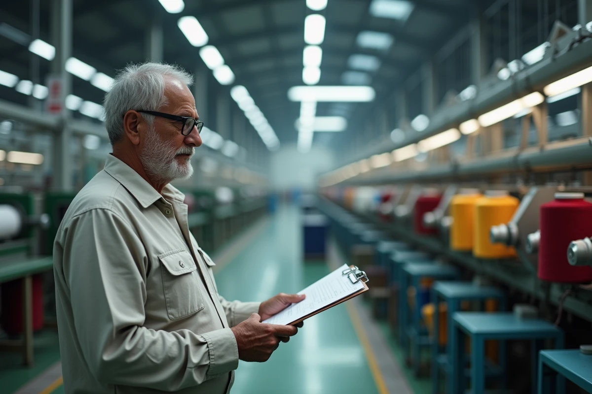Superviseur de qualité dans une usine textile moderne en Inde contrôlant la production de tissu