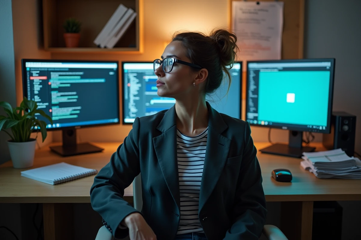 Professionnelle débordée face à la surcharge numérique et aux silos de données dans son bureau, symbolisant les défis de la transformation digitale