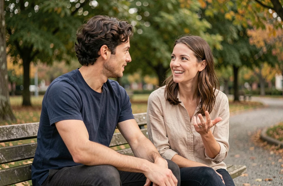 Couple en conversation dans un parc, femme souriant en testant un surnom affectueux à un homme détendu sur un banc