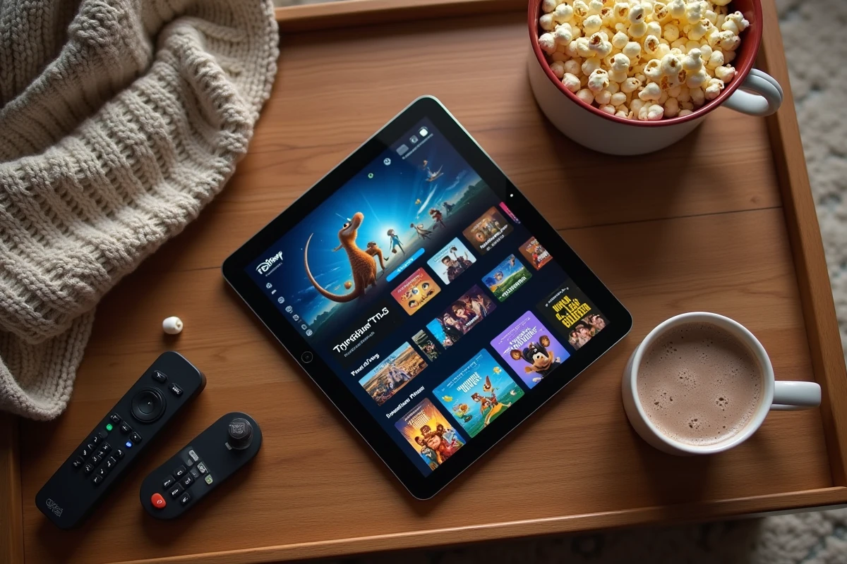 Tablette affichant Disney Plus sur une table basse avec pop-corn et plaid